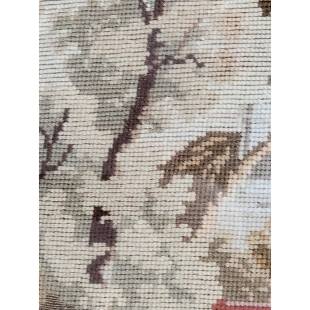 Big Antique Needlepoint Pastoral Scene Framed Picture Cows Horses Maidens Castle